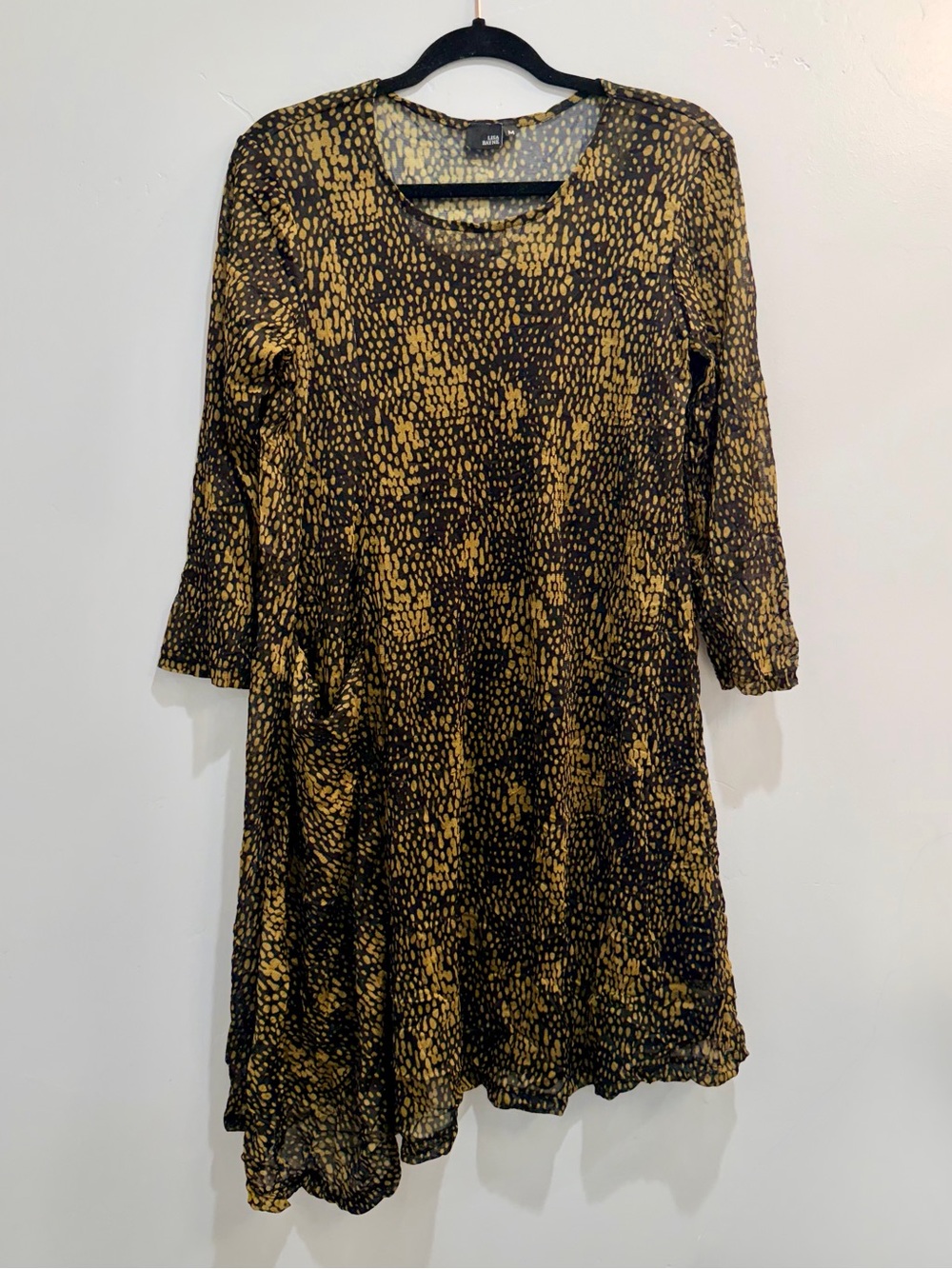Lisa Bayne Crinkled Mesh Asymmetric Hem Dress Black Gold Dot Lagenlook Medium - Picture 3 of 14